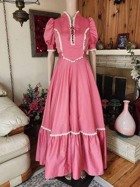 Vintage 70s Pink Prairie Maxi Dress | Victorian Revival Ruffles
